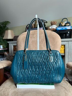 Coach Madison North South Teal Gathered Twist Leather Satchel #25265 Good Cond